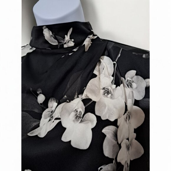Worthington Satin Black & White Orchids 4 Long sleeve Blouse Petite XXL - Picture 4 of 16